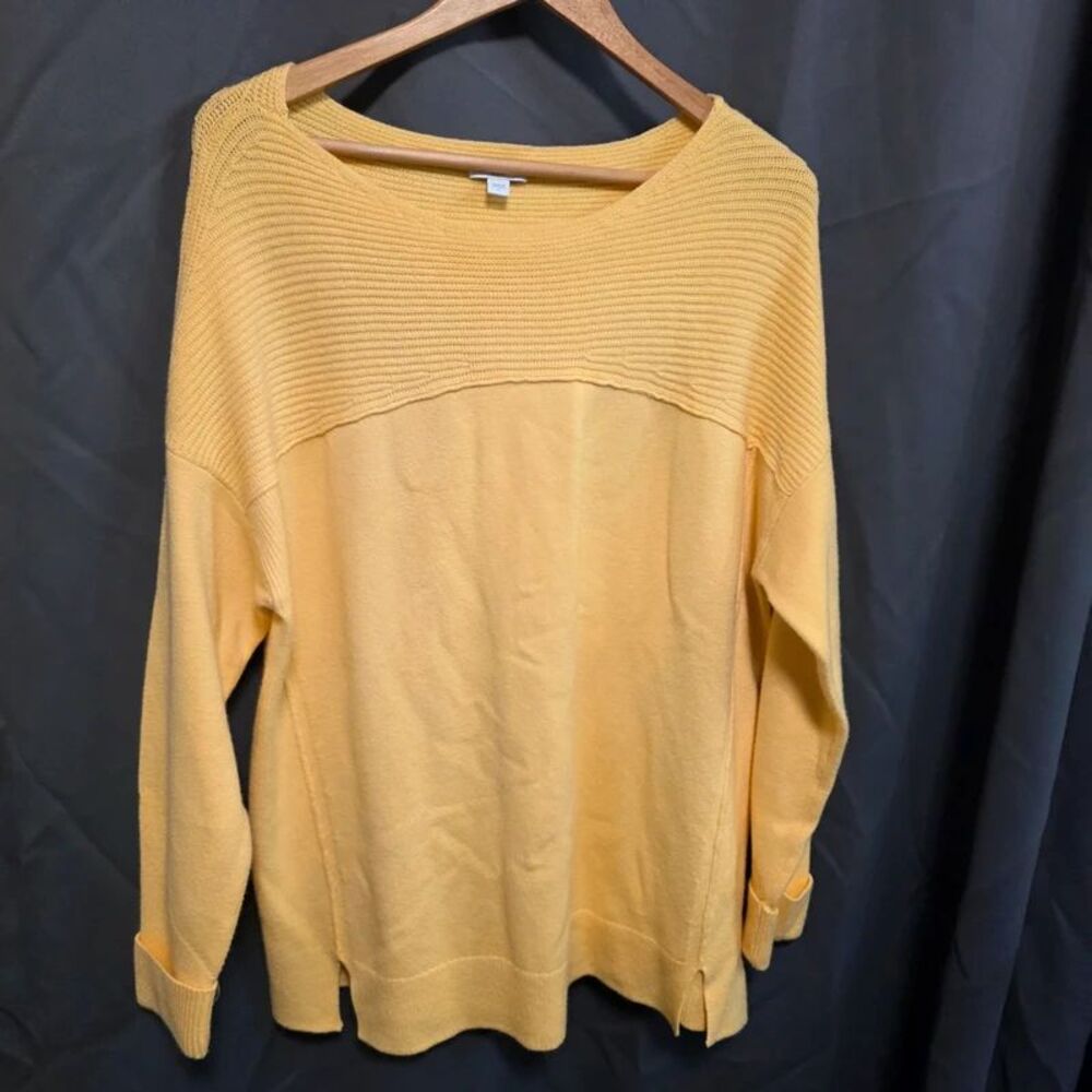 J.Jill Large Golden Yellow Knit Tunic Sweater Ribbed Yoke Side Slits